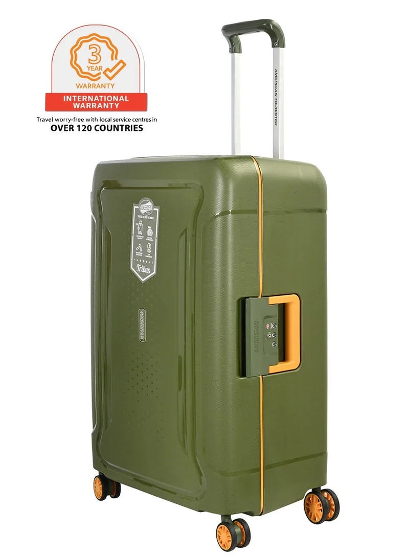 Tribus Suitcase, Check-In Size 69 cm / 25 inch, 4 Spinner Wheels, Hard Top, Polypropylene, Olive|Address Tag|TSA Lock|Dual Tube Pull Handle|Scratch Resistant Texture|XtraSecu™ 3-Point Locking System - 3 Years International Warranty