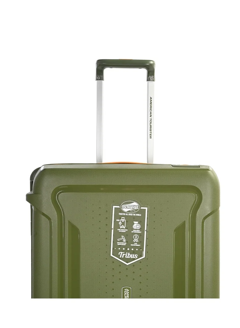 American Tourister  tribus suitcase, check-in size 69 cm / 25 inch, 4 spinner wheels, hard top, polypropylene, olive|address tag|tsa lock|dual tube pull handle|scratch resistant texture|xtrasecu™ 3-point locking system - 3 years international warranty  | Best Price UAE