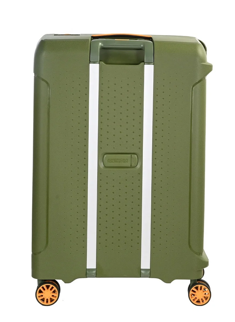 American Tourister  tribus suitcase, check-in size 69 cm / 25 inch, 4 spinner wheels, hard top, polypropylene, olive|address tag|tsa lock|dual tube pull handle|scratch resistant texture|xtrasecu™ 3-point locking system - 3 years international warranty  | Best Price UAE