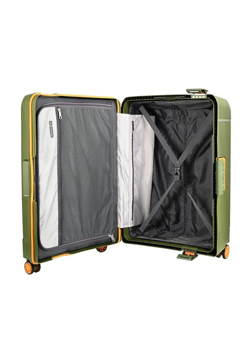American Tourister  tribus suitcase, check-in size 69 cm / 25 inch, 4 spinner wheels, hard top, polypropylene, olive|address tag|tsa lock|dual tube pull handle|scratch resistant texture|xtrasecu™ 3-point locking system - 3 years international warranty  | Best Price UAE