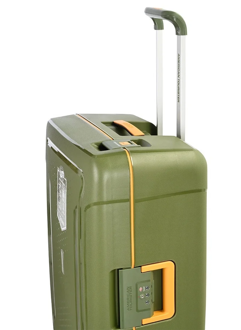 American Tourister  tribus suitcase, check-in size 69 cm / 25 inch, 4 spinner wheels, hard top, polypropylene, olive|address tag|tsa lock|dual tube pull handle|scratch resistant texture|xtrasecu™ 3-point locking system - 3 years international warranty  | Best Price UAE