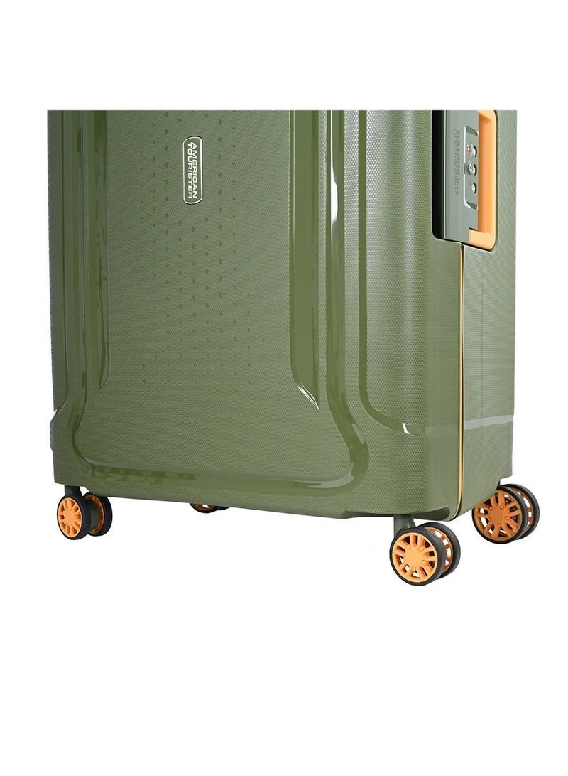 American Tourister  tribus suitcase, check-in size 69 cm / 25 inch, 4 spinner wheels, hard top, polypropylene, olive|address tag|tsa lock|dual tube pull handle|scratch resistant texture|xtrasecu™ 3-point locking system - 3 years international warranty  | Best Price UAE