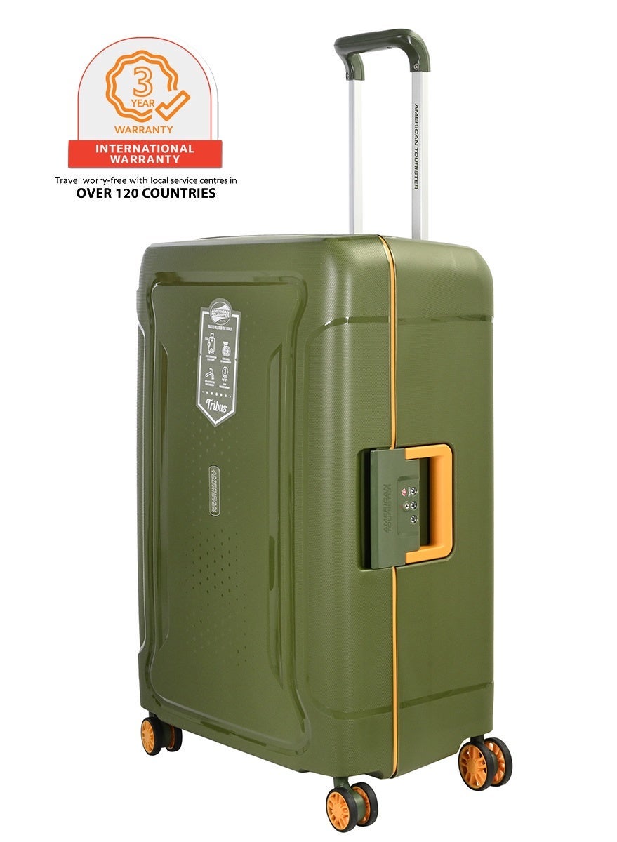 tribus suitcase, check-in size 69 cm / 25 inch, 4 spinner wheels, hard top, polypropylene, olive|address tag|tsa lock|dual tube pull handle|scratch resistant texture|xtrasecu™ 3-point locking system - 3 years international warranty