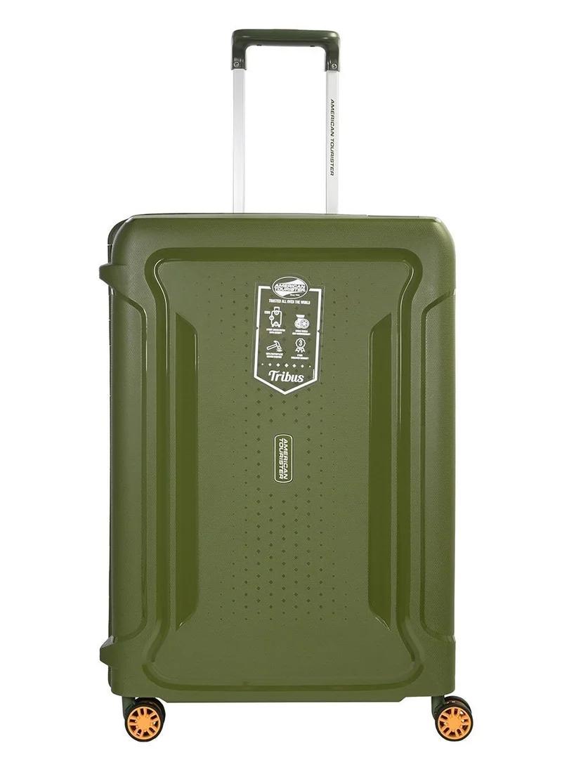 American Tourister  tribus suitcase, check-in size 69 cm / 25 inch, 4 spinner wheels, hard top, polypropylene, olive|address tag|tsa lock|dual tube pull handle|scratch resistant texture|xtrasecu™ 3-point locking system - 3 years international warranty  | Best Price UAE