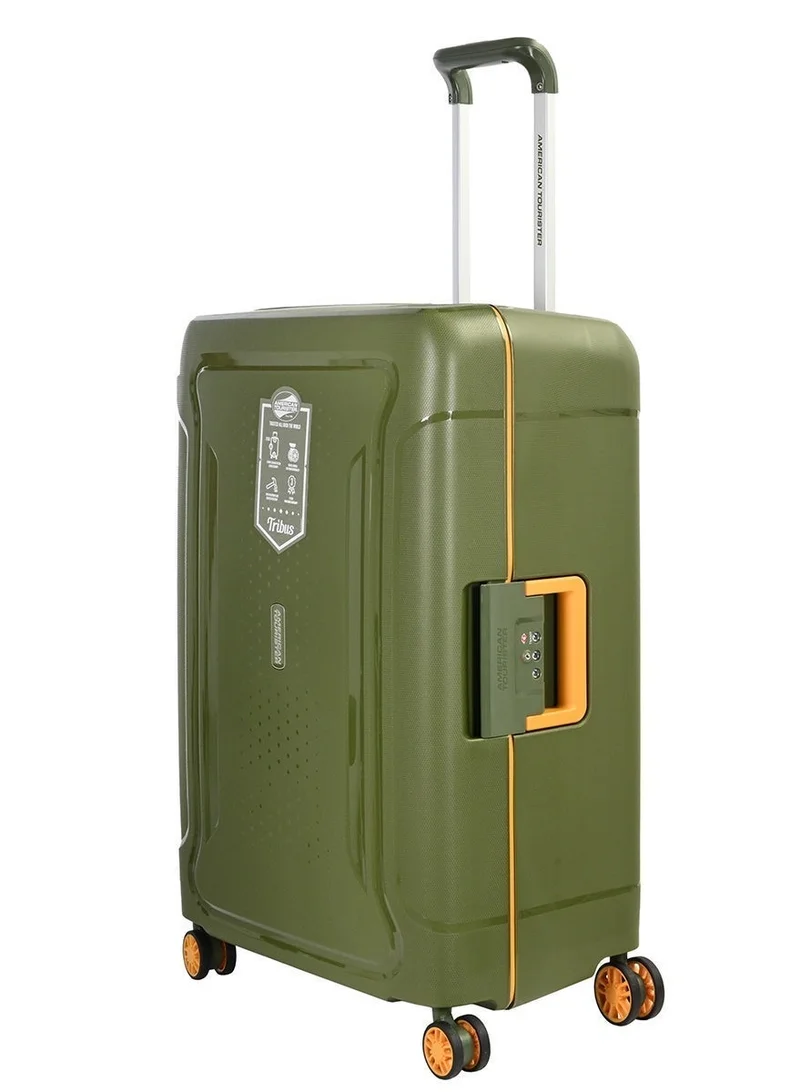 American Tourister  tribus suitcase, check-in size 69 cm / 25 inch, 4 spinner wheels, hard top, polypropylene, olive|address tag|tsa lock|dual tube pull handle|scratch resistant texture|xtrasecu™ 3-point locking system - 3 years international warranty  | Best Price UAE