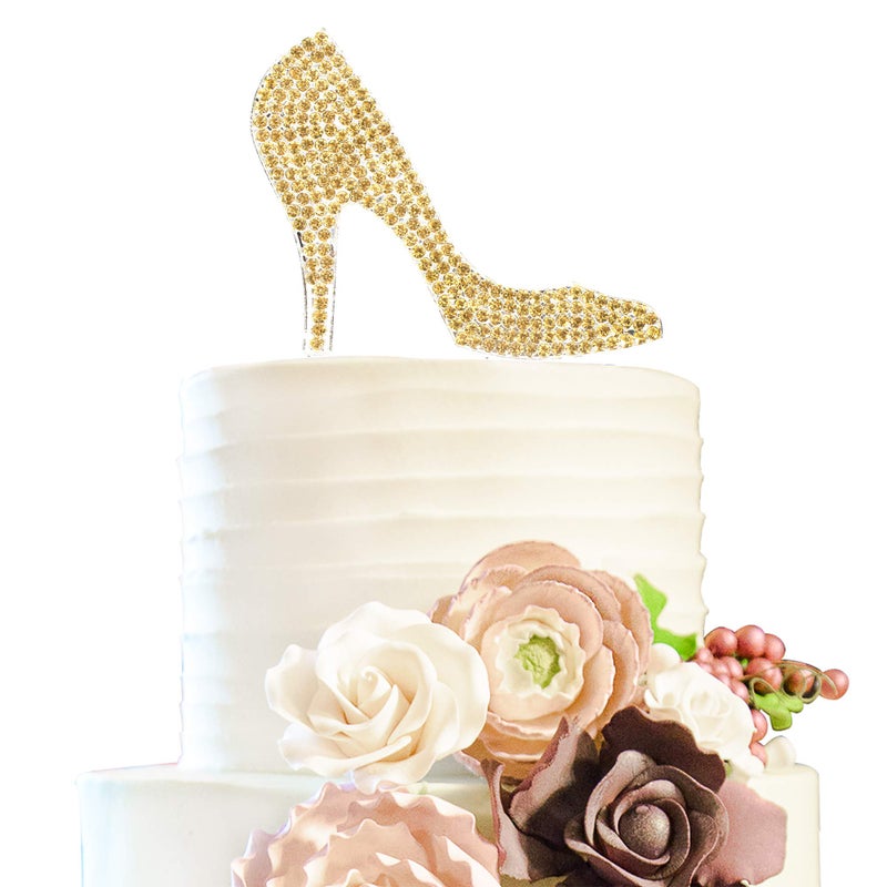 LINGTEER High Heel Gold Rhinestone Crystal Cake Topper Perfect for Birthday Wedding Anniversary Party Keepsake Sparkle Decoration - Image 3