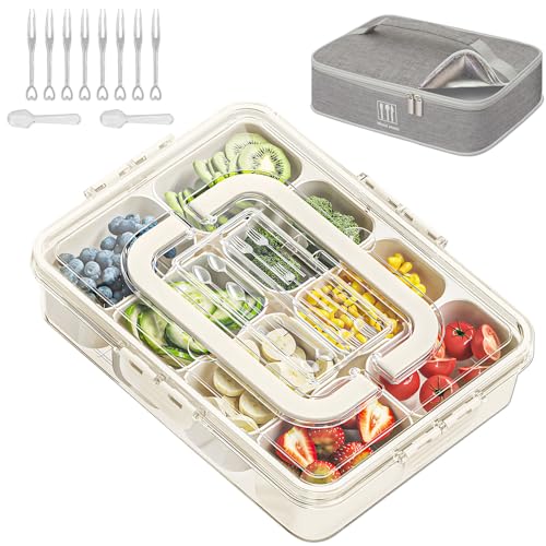 WETRBWEH Snack Box Container with Insulated Cooler Bag, Divided Serving Tray with Lid and Handle Beach Essentials, Snackle Box Veggie Fruit Tray with 8 Compartments & 8 Forks & 2 Spoon - Image 1