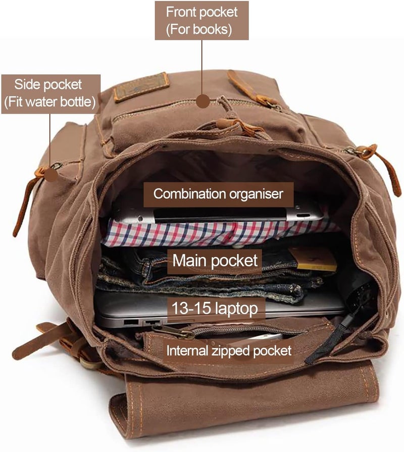 AUGUR High Capacity Canvas Vintage Backpack - for Camping Hiking Travel 12-17" Laptop - Image 4