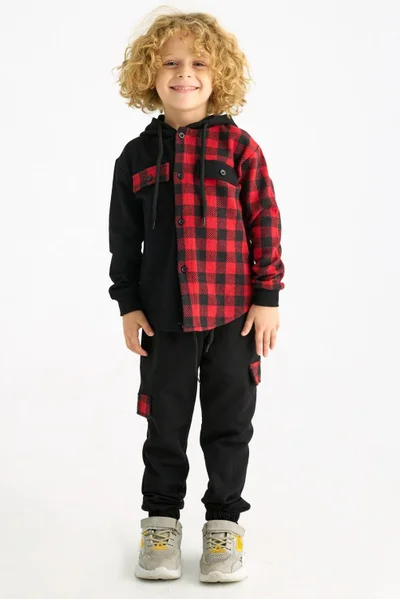 Zepkids Boy Plaid Pocket Hooded Tracksuit Set