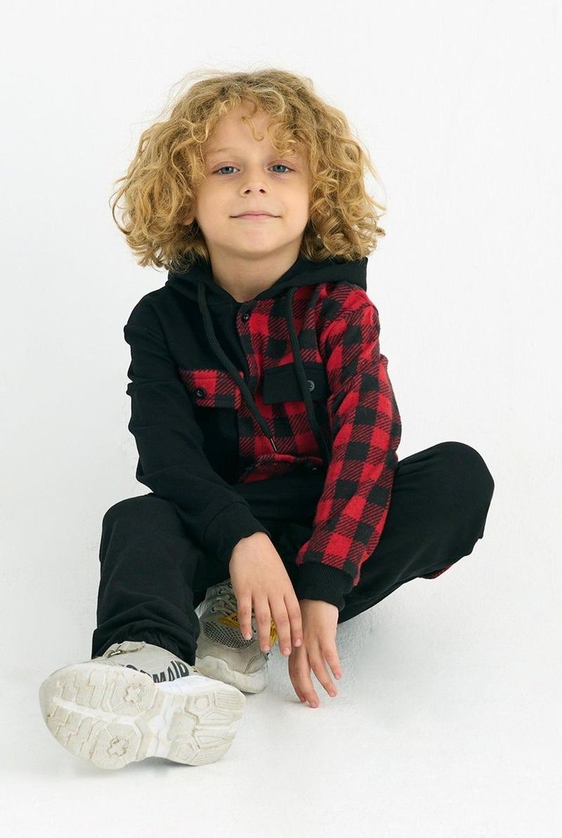 Zepkids Boy Plaid Pocket Hooded Tracksuit Set  - Image 3