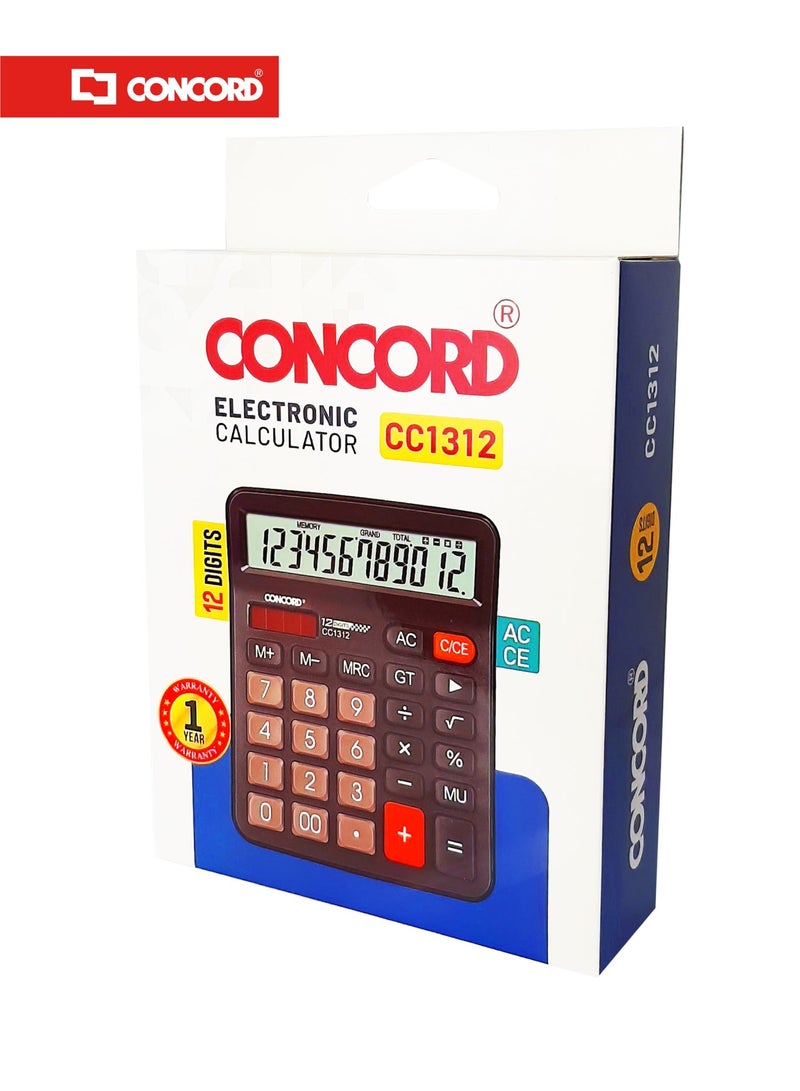 كونكورد آلة حاسبة إلكترونية مكتبية CC1312، 12 رقم، طاقة مزدوجة، شاشة LCD كبيرة، أزرار ناعمة - Image 3