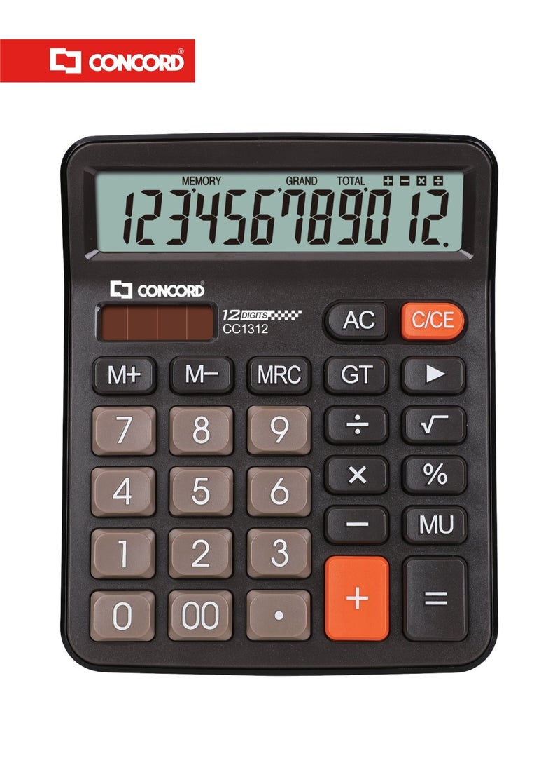 كونكورد آلة حاسبة إلكترونية مكتبية CC1312، 12 رقم، طاقة مزدوجة، شاشة LCD كبيرة، أزرار ناعمة - Image 1