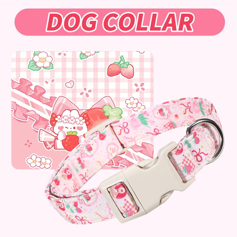 Pink Strawberry Bow Pet Collar for Cats and Dogs with Leash Adjustable L Size - Image 5