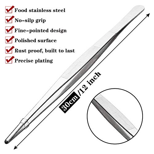 Cyimi Kitchen Tweezers Tongs Stainless Steel 12 Inch Long Tweezers Heavy Duty large food tweezers with Precision Serrated Tips for Cooking (12" Straight) - Image 2