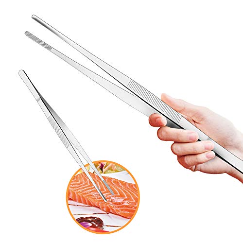 Cyimi Kitchen Tweezers Tongs Stainless Steel 12 Inch Long Tweezers Heavy Duty large food tweezers with Precision Serrated Tips for Cooking (12" Straight) - Image 1