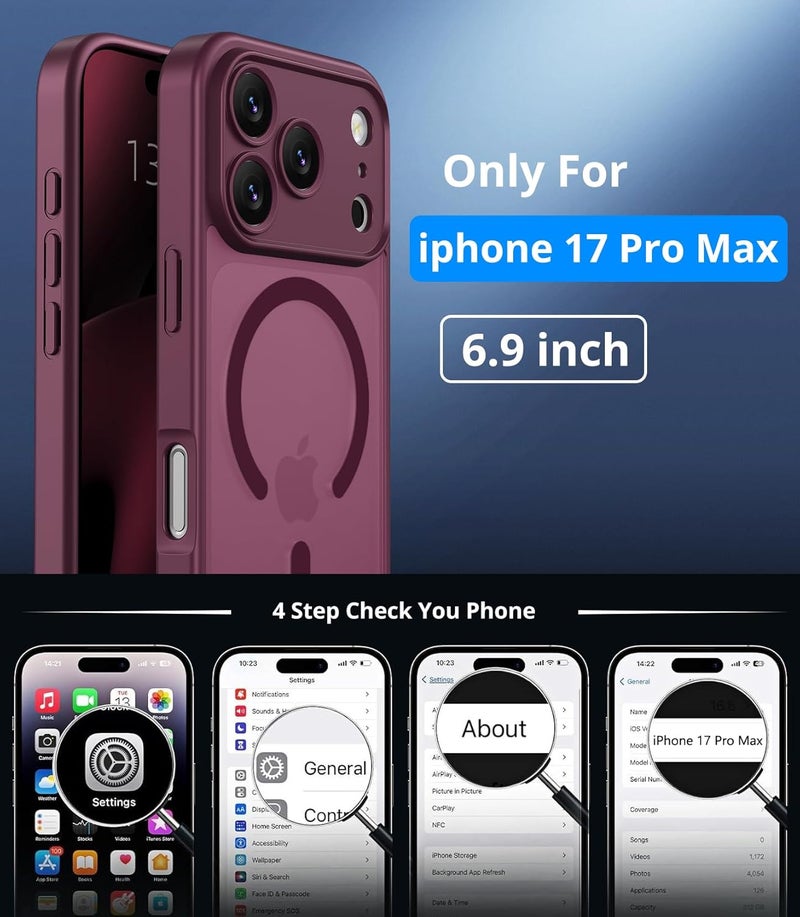 Vansdon Magnetic for iPhone 17 Pro Max Case with 1 Protective Glass, Compatible with Magsafe, Military Standard Drop Protection, Translucent Matte Back, Shockproof Mobile Phone Case, Wine Red - Image 4