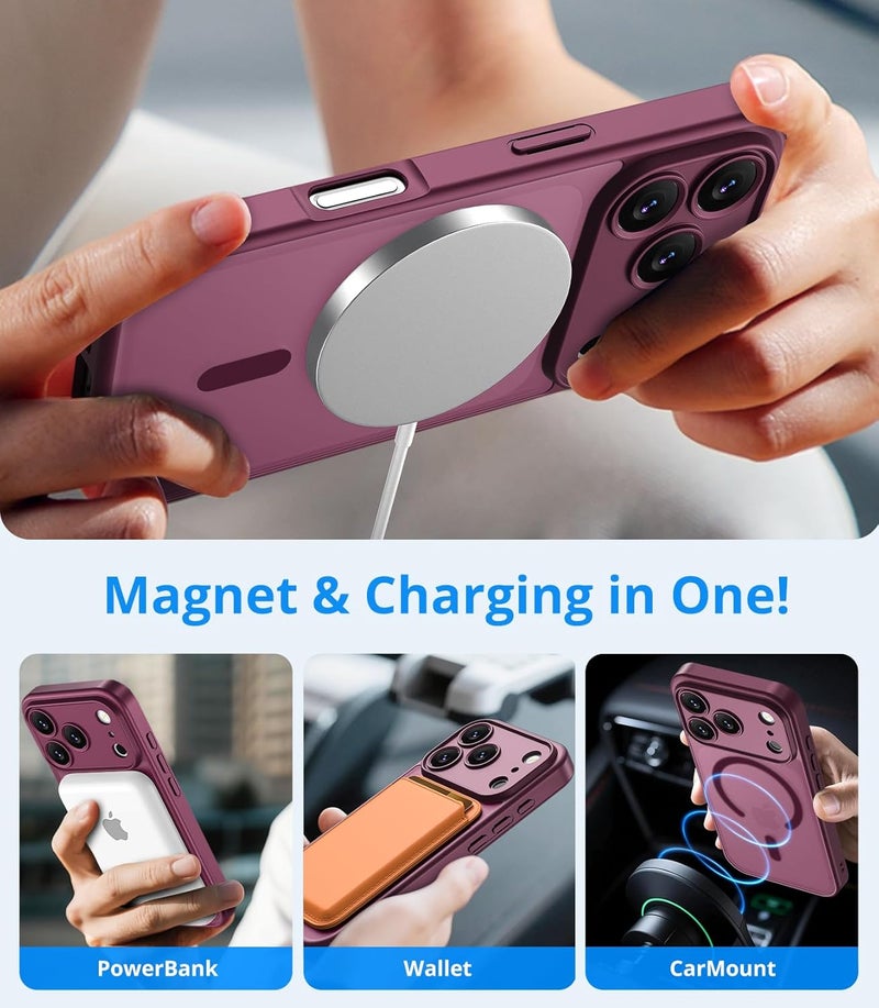 Vansdon Magnetic for iPhone 17 Pro Max Case with 1 Protective Glass, Compatible with Magsafe, Military Standard Drop Protection, Translucent Matte Back, Shockproof Mobile Phone Case, Wine Red - Image 3