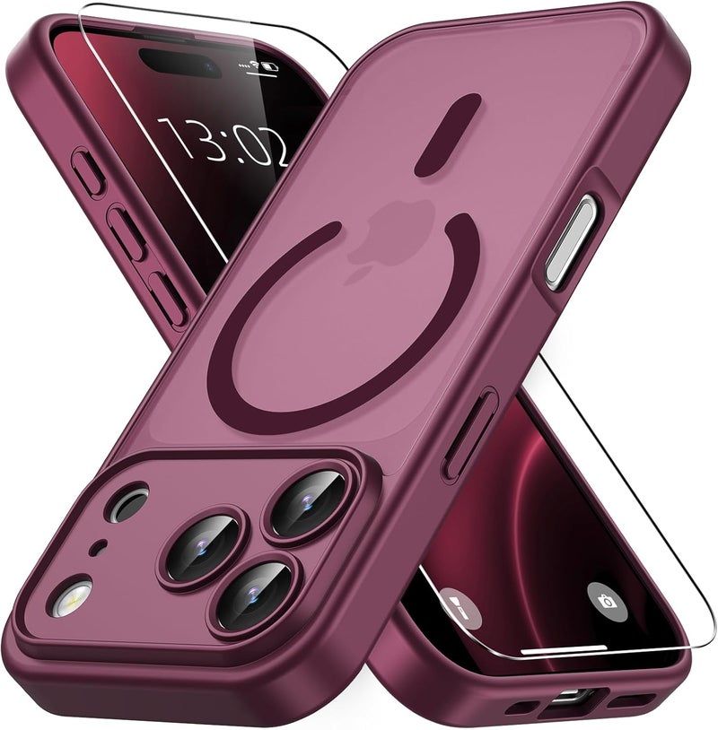 Vansdon Magnetic for iPhone 17 Pro Max Case with 1 Protective Glass, Compatible with Magsafe, Military Standard Drop Protection, Translucent Matte Back, Shockproof Mobile Phone Case, Wine Red - Image 1