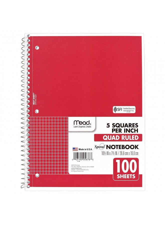 Mead Spiral Notebook, 1-Subject, Graph Ruled Paper, 7-1/2" x 10-1/2", 100 Sheets, Color Will Vary (05676)