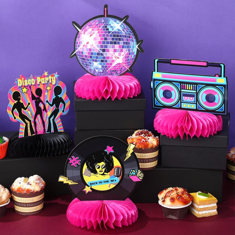 Chinco 9 Pcs 70s Party Decorations Honeycomb Centerpieces Decoration 70's Disco Favors Throwback Boogie Centerpieces Table Toppers Decors for Music Party Supplies Retro Table Decor - Image 4