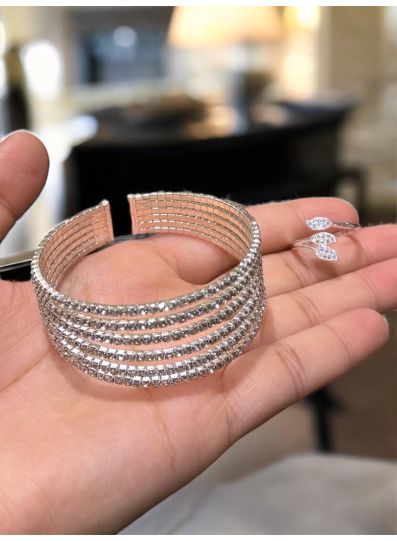 Elegance Elegant & High Quality Women's Jewellery Set Contains One Size Bracelet & Ring 925 Silver Plated Inlaid With Shiny Zirconia - Image 5