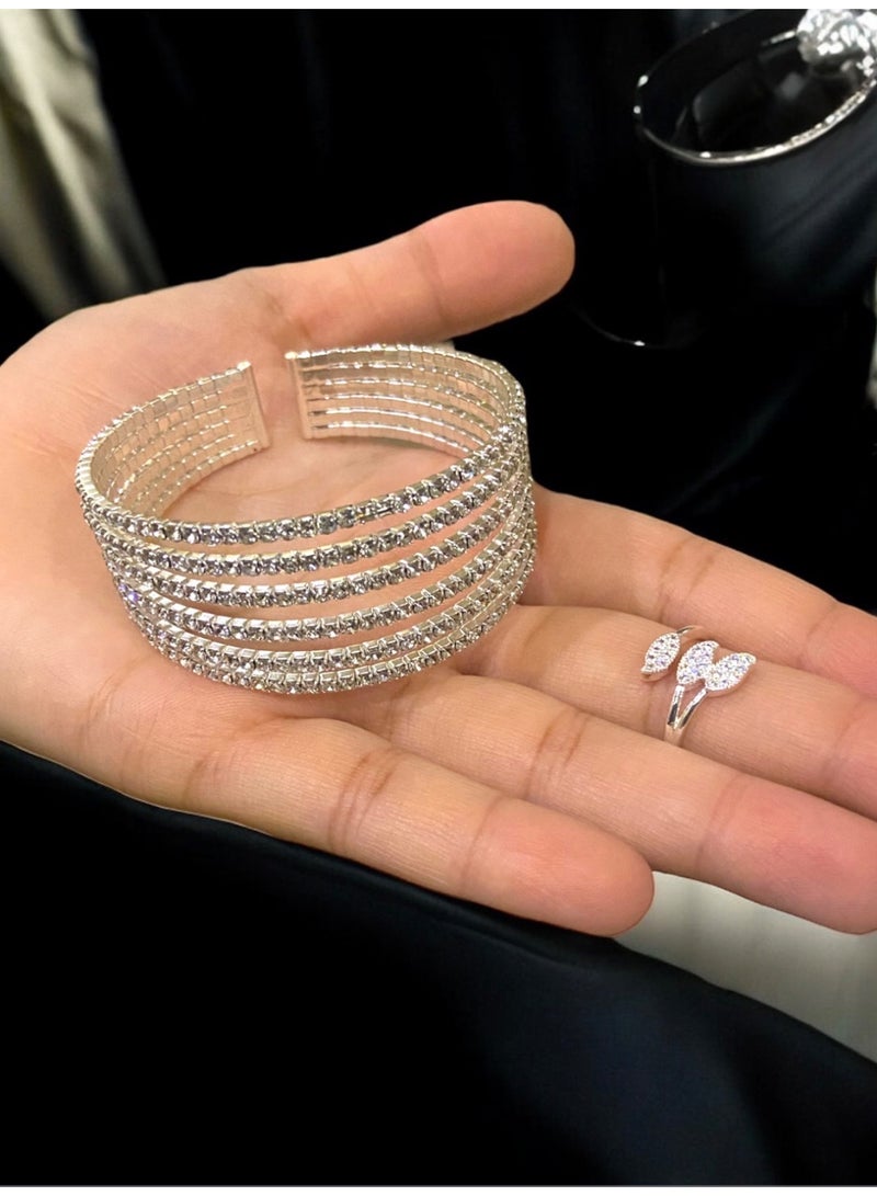 Elegance Elegant & High Quality Women's Jewellery Set Contains One Size Bracelet & Ring 925 Silver Plated Inlaid With Shiny Zirconia - Image 3