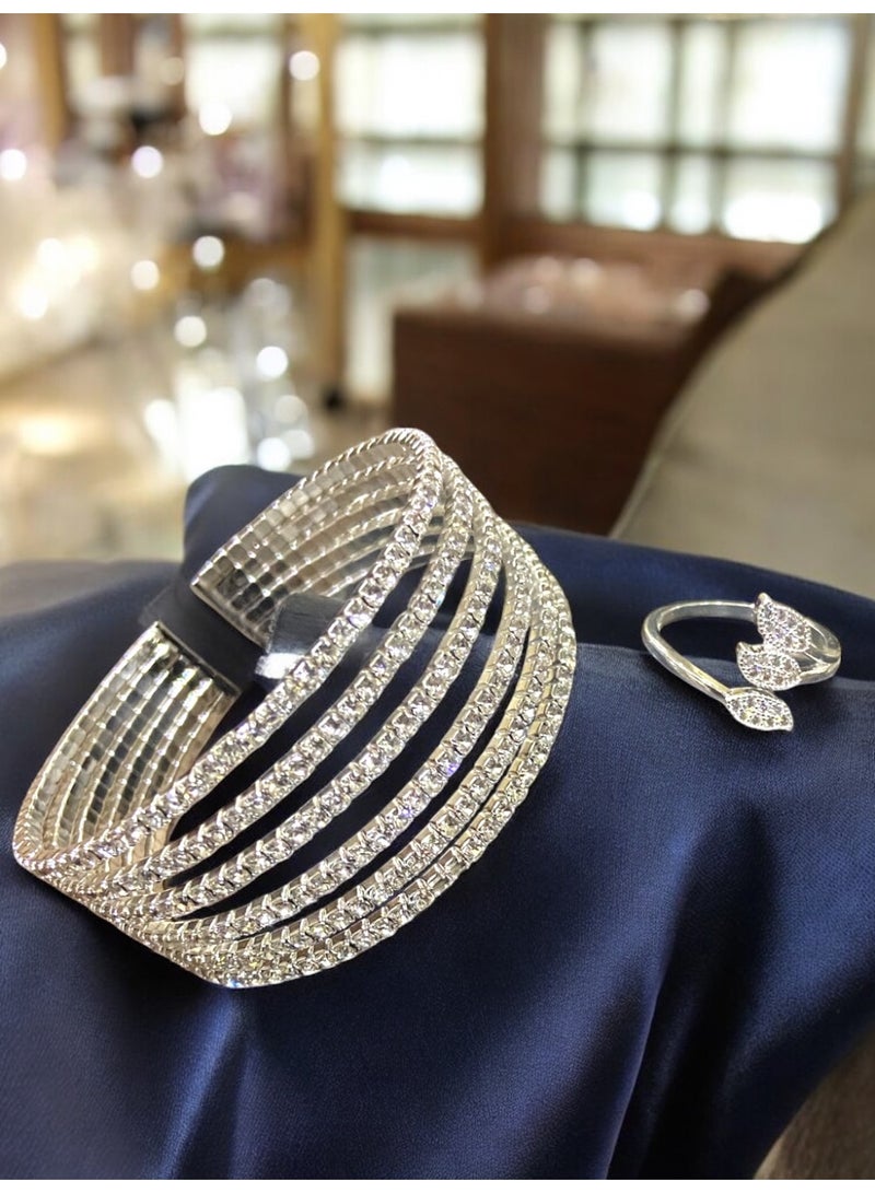 Elegance Elegant & High Quality Women's Jewellery Set Contains One Size Bracelet & Ring 925 Silver Plated Inlaid With Shiny Zirconia - Image 1