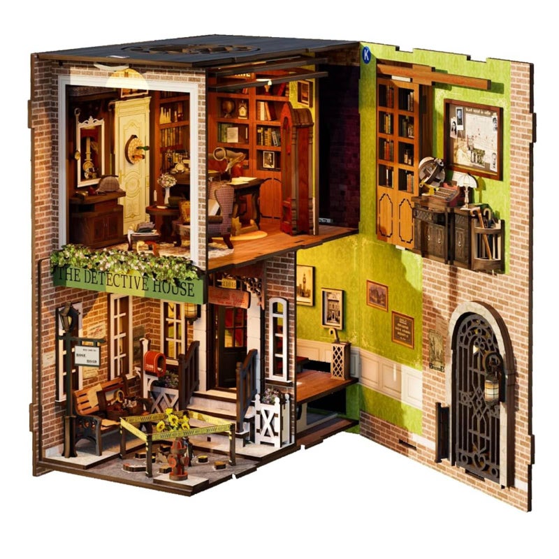 Fsolis طقم زاوية الكتب Fsolis، طقم منزل مصغر DIY، لغز خشبي لزاوية الكتب للبالغين، دعامات كتب زخرفية، ديكور رف الكتب، هدايا للنساء والمراهقين ومحبي الألغاز (وكالة المحقق الوردي) - Image 2
