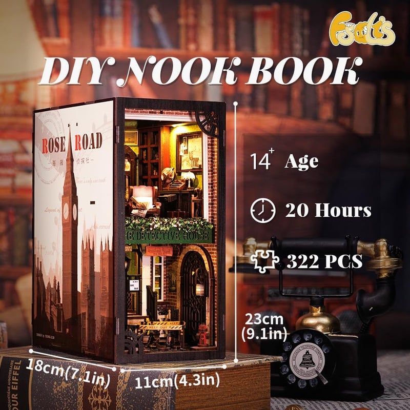 Fsolis طقم زاوية الكتب Fsolis، طقم منزل مصغر DIY، لغز خشبي لزاوية الكتب للبالغين، دعامات كتب زخرفية، ديكور رف الكتب، هدايا للنساء والمراهقين ومحبي الألغاز (وكالة المحقق الوردي) - Image 3