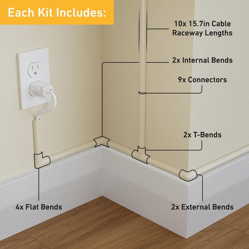 D-Line 157in Cord Cover Kit, Self-Adhesive Wire Hiders, Paintable Cable Raceway to Hide Wires on Wall, Electrical Cable Management - 10x 15.7 Lengths & 19 Accessories - 1.18" (W) x 0.59" (H) - Beige - Image 2