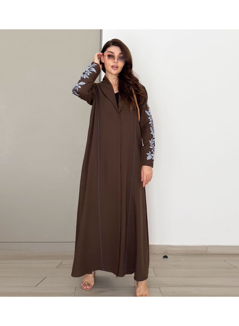 روزيت عباية عباية بنية مطرزة بتصميم تطريز أزرق - Image 4