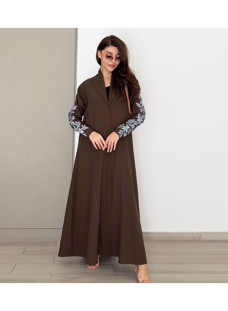 روزيت عباية عباية بنية مطرزة بتصميم تطريز أزرق - Image 5