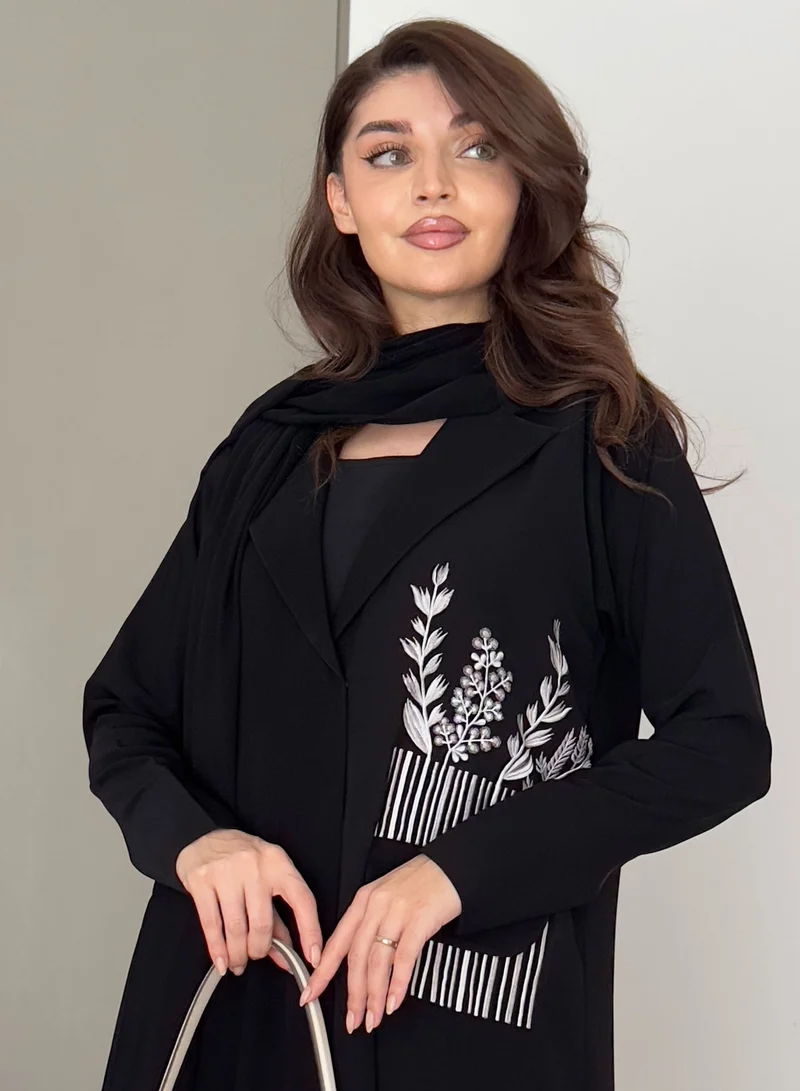 Brown Embellished Abaya with Blue Embroidery Design