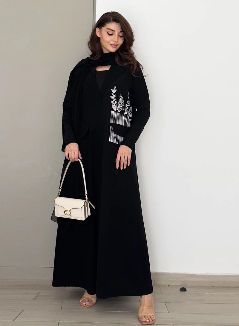 Rosette Abaya  Brown Embellished Abaya with Blue Embroidery Design for Women | Best Price UAE
