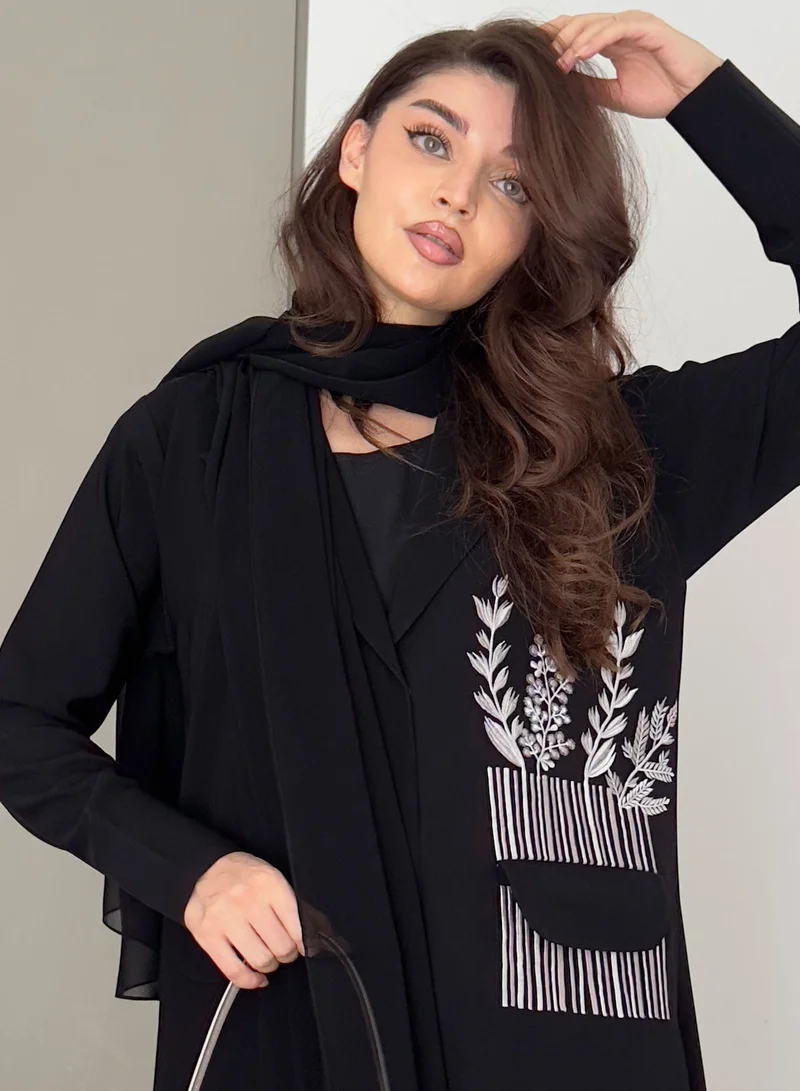 Rosette Abaya  Brown Embellished Abaya with Blue Embroidery Design for Women | Best Price UAE
