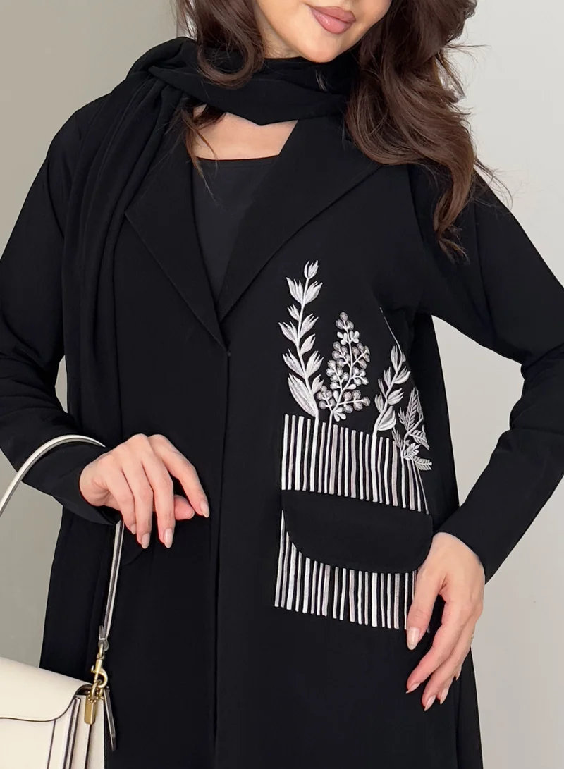 Rosette Abaya  Brown Embellished Abaya with Blue Embroidery Design for Women | Best Price UAE