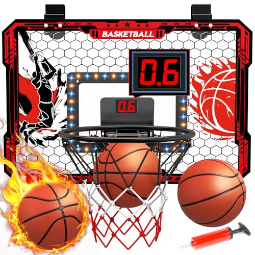 OZMI Over The Door Basketball Hoop Indoor for Kids Mini Basketball Hoop with Balls LightsSound LED Scoreboard2 ModesDoor Hanging Bedroom Toys Gifts for 35 6 7 8 9 10 11 1214 15 Year Old Boys - Image 1
