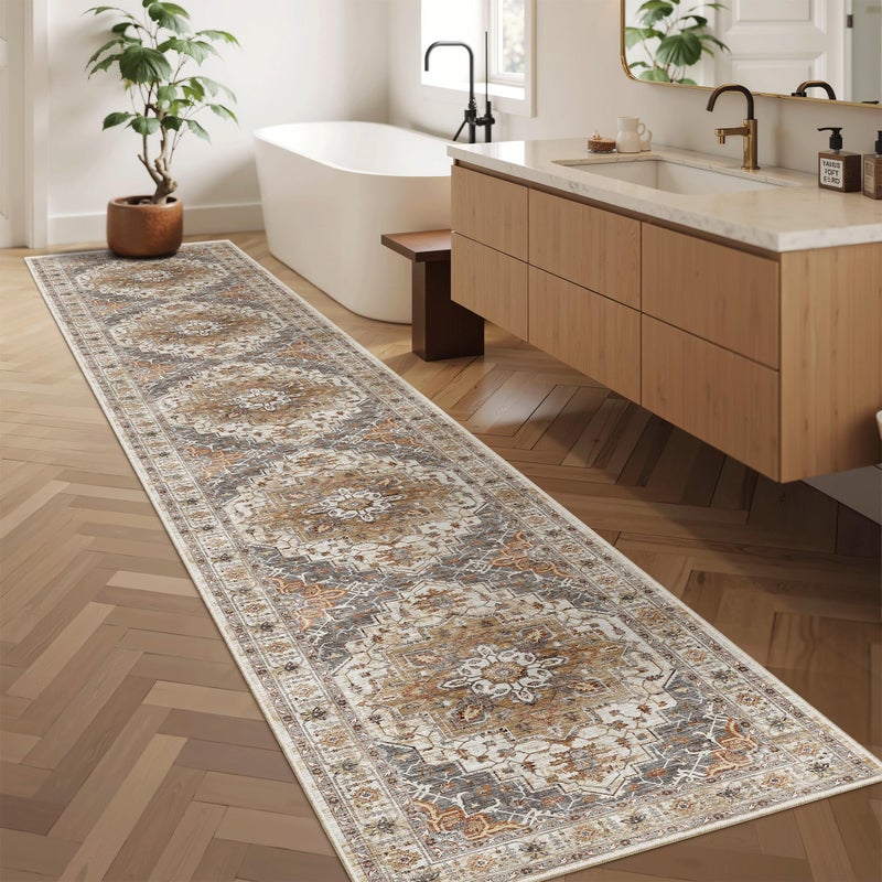 Madane Hallway Runner Rug 2x12, Extra Long Washable Runner Rugs with Rubber Backing, Non Slip Carpet Runner, Vintage Rug Runners for Kitchen Laundry Room Entryway (Turmeric/Grey, 2'x12') - Image 4