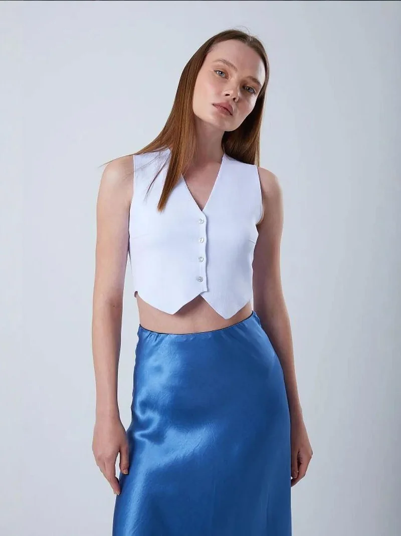 MixRay Mixray V-Neck Buttoned Crop Vest