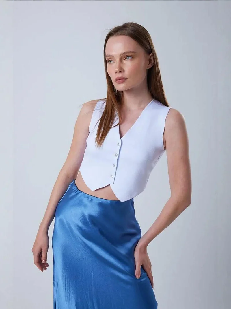 Mixray Ice Blue Mixray V-Neck Buttoned Crop Vest for Women | Best Price UAE