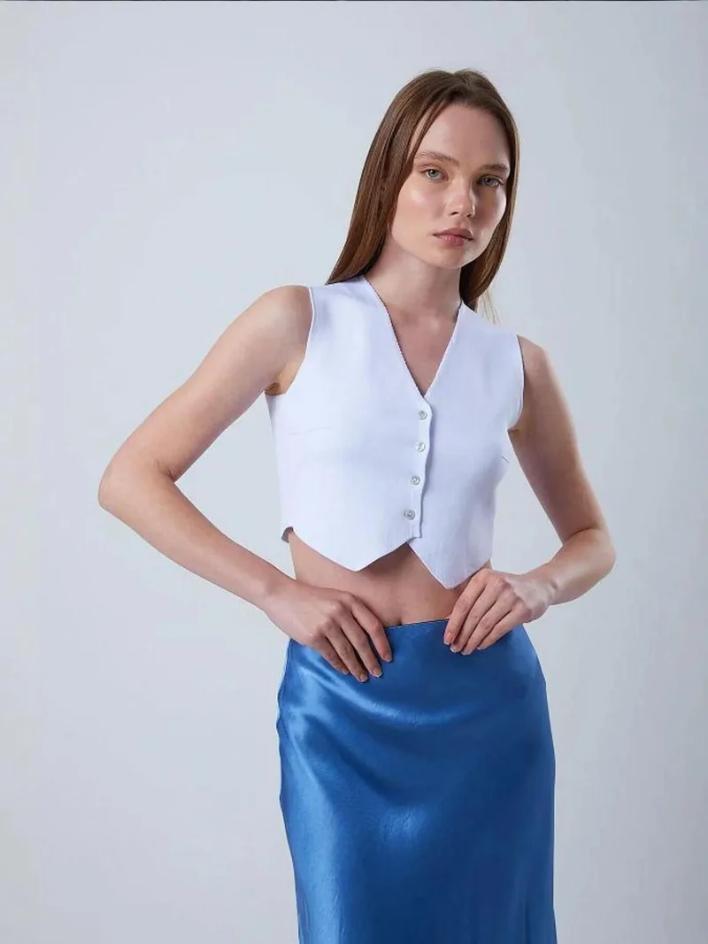 Mixray Ice Blue Mixray V-Neck Buttoned Crop Vest for Women | Best Price UAE