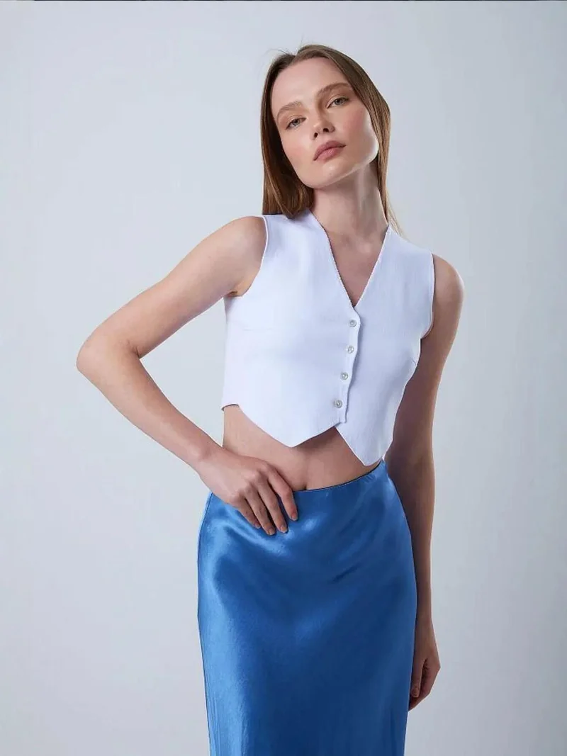 Mixray Ice Blue Mixray V-Neck Buttoned Crop Vest for Women | Best Price UAE