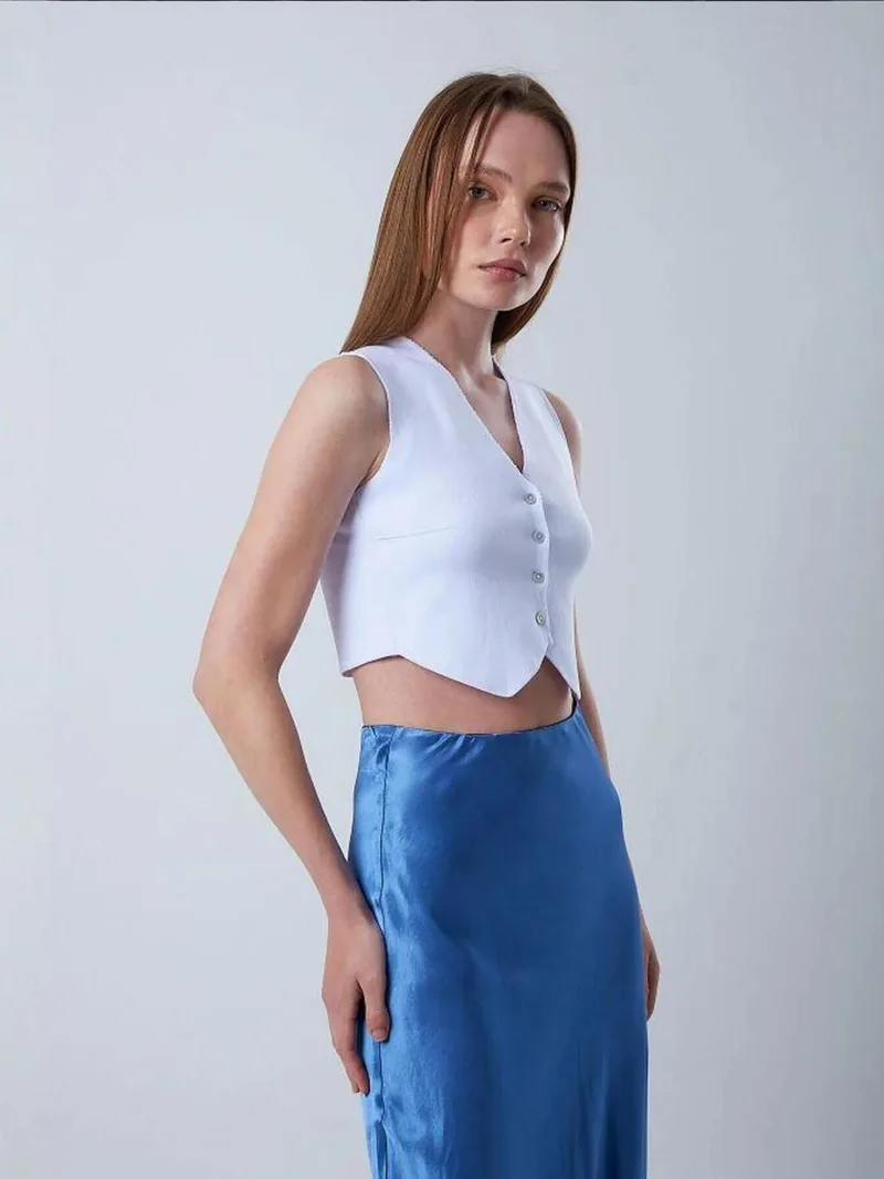 Mixray Ice Blue Mixray V-Neck Buttoned Crop Vest for Women | Best Price UAE