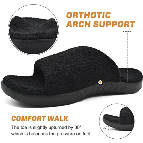 ONCAI Mens House Slippers with Arch Support，Fur Slides with Orthopedic for Plantar Fasciitis Footbed and Adjustable Strap Black Size 10.5 - Image 3