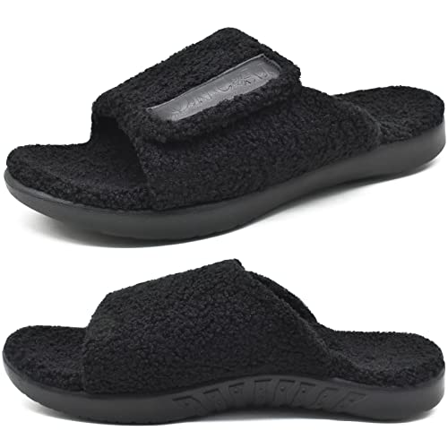 ONCAI Mens House Slippers with Arch Support，Fur Slides with Orthopedic for Plantar Fasciitis Footbed and Adjustable Strap Black Size 10.5 - Image 1