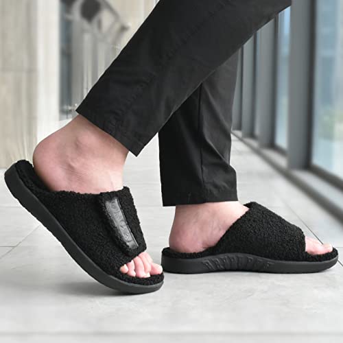 ONCAI Mens House Slippers with Arch Support，Fur Slides with Orthopedic for Plantar Fasciitis Footbed and Adjustable Strap Black Size 10.5 - Image 2