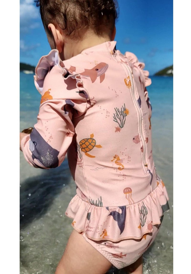 LDIOIF Toddler Girls Long Sleeve Swimsuit One Piece Bathing Suit Zip Rashguard Whale Dolphin Swimwear with Ruffle 18-24 Month Pink - Image 5
