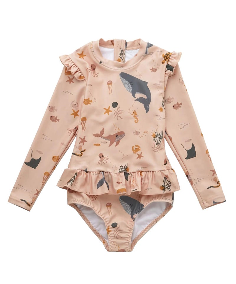 LDIOIF Toddler Girls Long Sleeve Swimsuit One Piece Bathing Suit Zip Rashguard Whale Dolphin Swimwear with Ruffle 18-24 Month Pink - Image 1