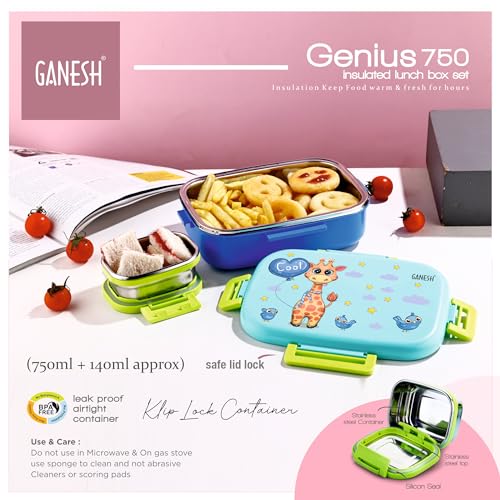 Ganesh Stainless Steel Genius Insulated Airtight Leak-Proof Lunch Box for Office, School, Picnic - 750 ml - Green - Image 5