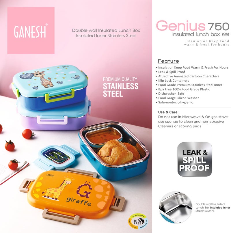 Ganesh Stainless Steel Genius Insulated Airtight Leak-Proof Lunch Box for Office, School, Picnic - 750 ml - Green - Image 2